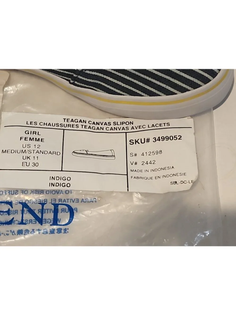 LANDS END Girls size 12 Canvas Slip On Shoes navy blue white stripe new w Agion